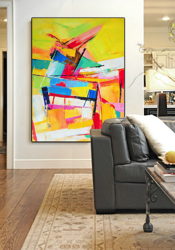 Abstract Art Decor Large Canvas Painting,Vertical Palette Knife Contemporary Art,Acrylic Painting On Canvas,Yellow,Red,Blue,White.etc
